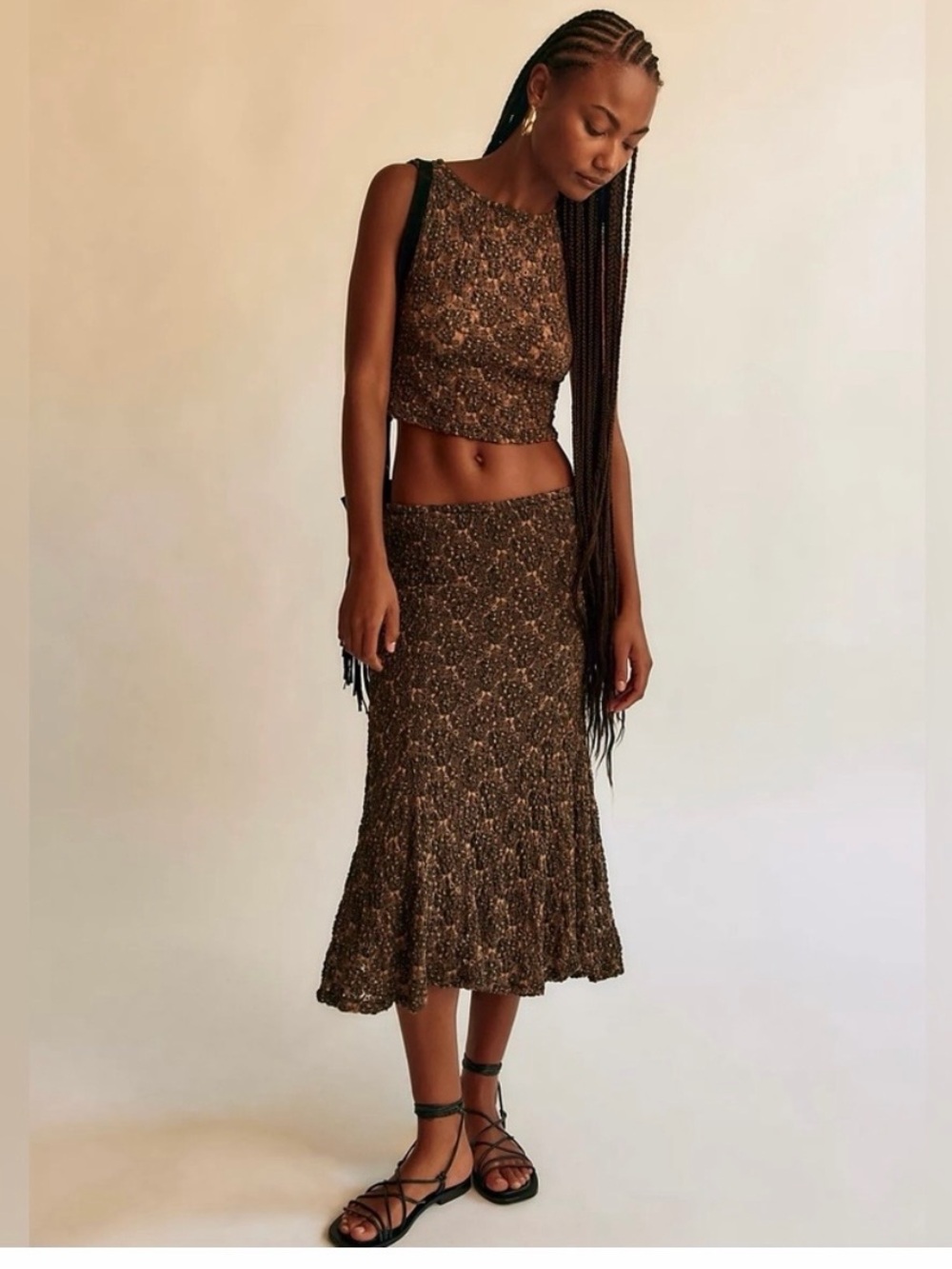 Laney Free People Brown Floral Knit Midi Skirt and top